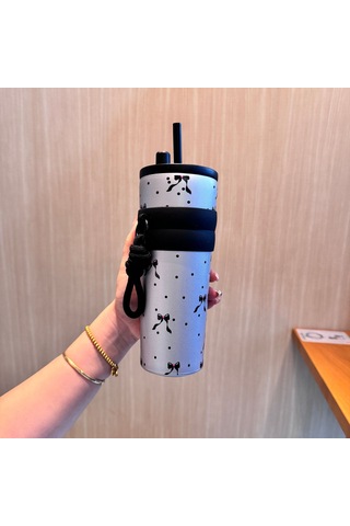 Yuntech01 316 Paslanmaz Çelik Seyahat Bardak, İçecek İçin Pipetli, Taşınabilir Askı Koluyla, Modern Tasarım Siyah