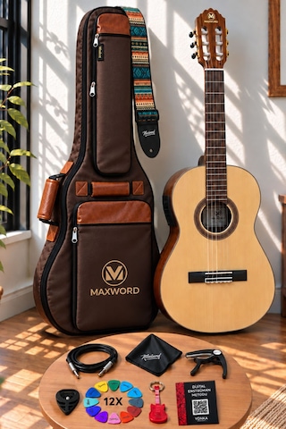 Maxword X45-EQ Ekolayzerli Profesyonel Elektro Klasik Gitar Seti Natural El Yapımı