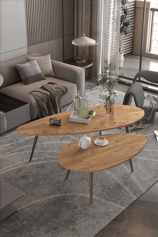 Orta Sehpa Seti Modern 2 Li Ahşap Ayaklı Salon Oturma Odası Dekoratif Sehpa Takımı 8888 Ceviz Efes Kahverengi