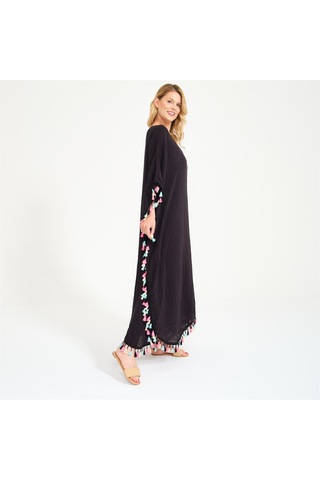 Püskül Detaylı V Yaka Uzun Plaj Elbisesi Siyah-Standart Siyah