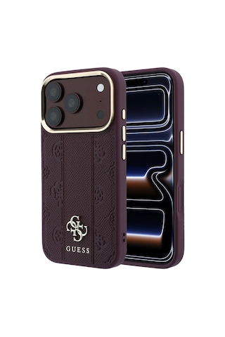 Apple Uyumlu iPhone 18 Pro Kılıf Guess Lisanslı M-safe Şarj Özellikli Şeritli Peony 4g Ve Yazı Logolu Kapak Bordo