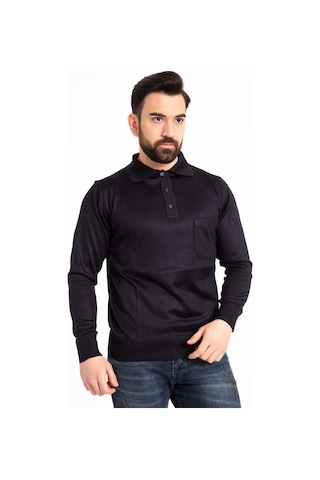 Nacar Store Erkek Lacivert Ince Yün Triko Örgü Polo Yaka Kazak