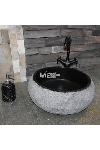Bazalt Siyah Mucartalı Gizli Giderli Bombeli Lavabo