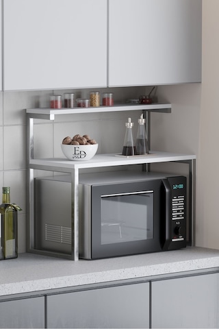 Akik 2 Raflı Metal Çok Amaçlı Mutfak Rafı / Tezgah Üstü Raf Gümüş Metal - Beyaz Tabla Beyaz