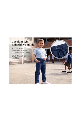 Erdem Kıds Unisex Erkek Kız Çocuk Ribana Bel Lastikli Boru Paça Kanvas-keten Keten Lacivert Okul Pantolonu Lacivert Lacivert
