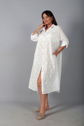 By Saygı Kadın İtalyan Cotton Cepli Kabartma Çiçek Nakış İşlemeli Oversize Uzun Elbise Beyaz