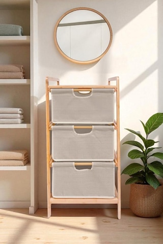 Digithome Bambu 1 Raflı 3 Çekmeceli Banyo Düzenleyici Çekmeceli Dolap Komodin Db-0039 Kahverengi