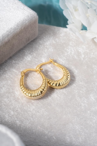 925 Ayar Gümüş Gold Rengi Çizgili Oval Tasarım Şarnel Küpe Gold