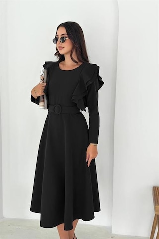 Neşeli Butik Kadın Kol Fırfırlı Kemerli Midi Boy Elbise Nbk4309 Siyah
