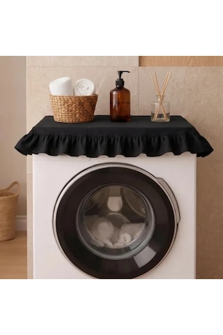 Fırfırlı Çamaşır Makinesi Örtüsü - Çeyizlik Dekoratif Banyo Makine Kılıfı- Siyah