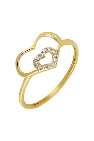 Zirkon Taşlı Iç Içe Kalp Tasarım Gold Renk 925 Ayar Gümüş Bayan Y (499798339)