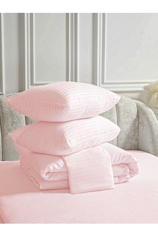 Line Pembe Pamuk Saten Çift Kişilik Nevresim Takımı Lastiksiz Çarşaflı 4 Parça Set Pembe
