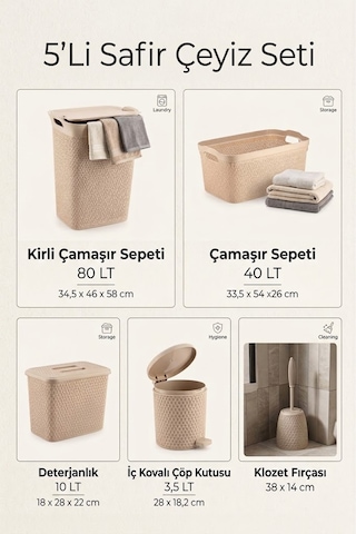 5'li Safir Çamaşır Sepeti Seti Örgü Desenli Kahverengi
