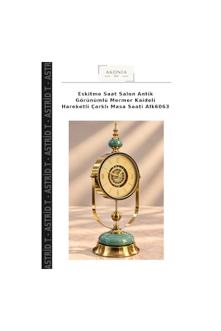 Eskitme Saat Salon Antik Görünümlü Mermer Kaideli Hareketli Çarklı Masa Saati Alk6063 Çok Renkli