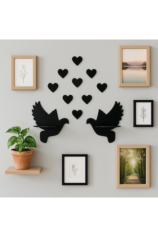 Çifte Kumru Ahşap 2'li Güvercin Duvar Rafı 30x28 Cm