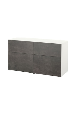 Dolap Kombinasyonu, Beyaz-koyu Gri Taş Görünümlü, 120x42x65 Cm, Kallvıken, Çıt Çıt Raylı Gri