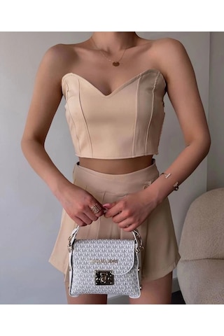 Arkadan Büzgülü Esnek Büstiyer Bej Bej