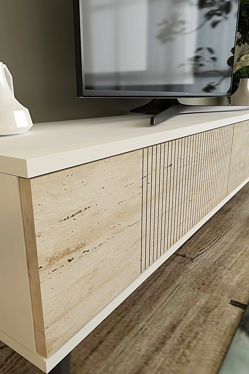 Tsa1203bt - Corsatv120 Tv Stand, Tv Sehpası Beyaz-traverten Kapak 120cm Beyaz