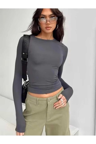 Bisiklet Yaka Basic Uzun Kollu Slim Fit Kadın Body Antrasit
