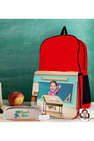 Bk Gift Kişiye Özel Kız Öğrenci Karikatürlü Kırmızı Okul Çantası Ve Kalemlik Hediye Seti-1