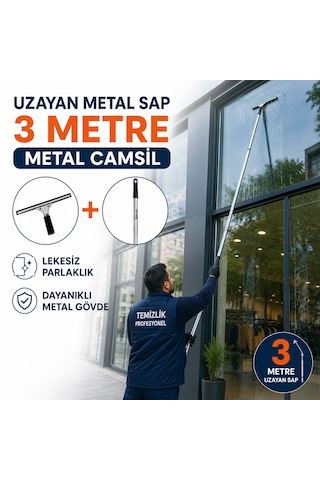 3m Uzayan Saplı Metal Camsil Seti 35 Cm Profesyonel Cam Temizleme Aparatı Açık Gri