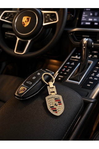 Lüks Metal Taşlı Gold Anahtarlık Porsche İle Uyumlu Gold Renk Taşlı Aksesuar Panamera Cayman 911 Cayenne