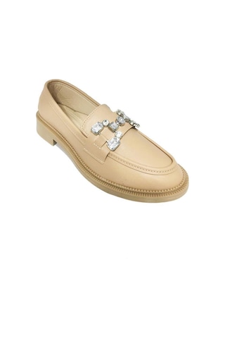 Comfort Shoes 233 Deri Trend Fashion Taşlı Kadın Babet Bej