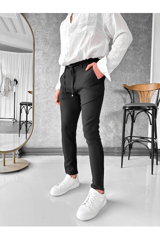 Modefendi Örgü Desenli İp Detaylı Jogger Pantolon Siyah