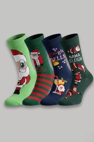 Socketta Christmas Koleksiyonu 4 Lü Kendinden Örgü Desenli Yılbaşı Çorapları Çok Renkli