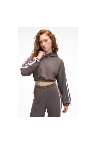 Grimelange ROSELLE Kadın Kapüşonlu Yan Şeritli Kurdele Detay Crop Antrasit Sweatshirt
