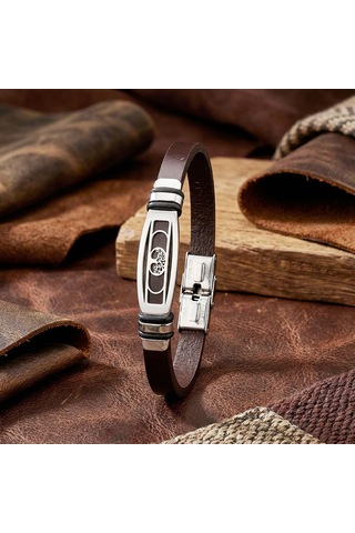 Premium Hayat Ağacı Motifli Kordonlu Erkek Deri Ve Çelik Bileklik 31834b23dd2 - 23 Cm Siyah - Gümüş