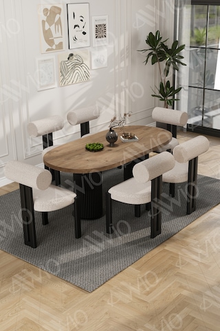 Avvio Pofi Bohem 6'lı Metalsandalye 80x160 Mutfak Masa Takımı Yemek Masa Takımı Masa Sandalye Takımı Cafe Akça Masa Sandalye Siyah Kumaş Krem