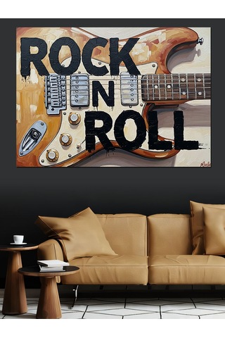 Rock And Roll Yazılı Elektrogitar İllüstrasyonu Dekoratif Kanvas - Mdf Ahşap Tablo