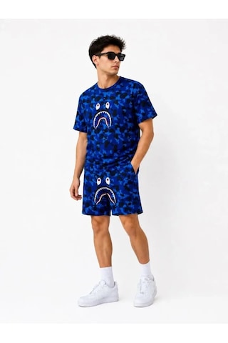 Efnaz Style Erkek Oversize Kalıp Pubg Bape X Shark Nakışlı Cepli Şort Takım - Mavi