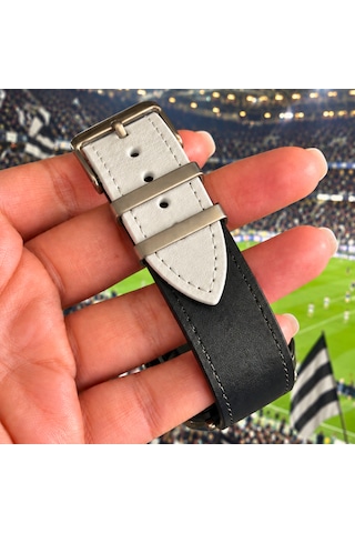 Goldoni Apple Watch Uyumlu Siyah Beyaz Hakiki Deri Taraftar Kordonu Metal Köprülü