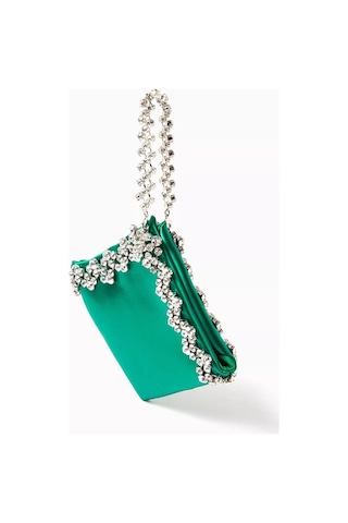 L Afshar L Afshar Karla Evening Bag Yeşil Saten, Kristal Detaylı Işıltılı Gece Çantası Portföy Çanta 20bat