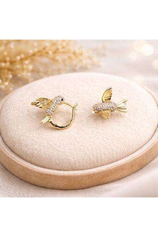 Taşlı Kuş Figürlü Gold Küpe Gold