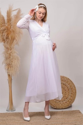 Kadın Beyaz Baby Shower Şifon Hamile Elbise Dphml003 BEYAZ