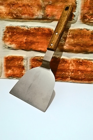 Ahşap Saplı Çelik Eğri Spatula -büyük Boy - 1 Adet Gümüş