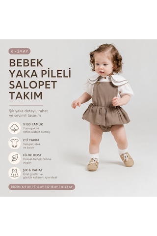 Pufien Kız Bebek Yaka Pileli Salopet 2 Li Takım 1-4 Yaş Kahverengi