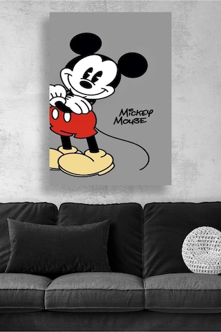 Mickey Mouse Gri Arka Planlı Modern Çizgi Karakter Tasarım Eğlenceli Çocuk Odası Kanvas Tablo