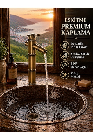 Lüx Premium Eskitme Detaylı Çanak Lavabo Bataryası Bakır