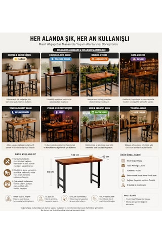 Masif Bar Masası 85 Cm Yüksek Metal Profil Ayaklı Mutfak Yemek Kafe Bistro Çalışma