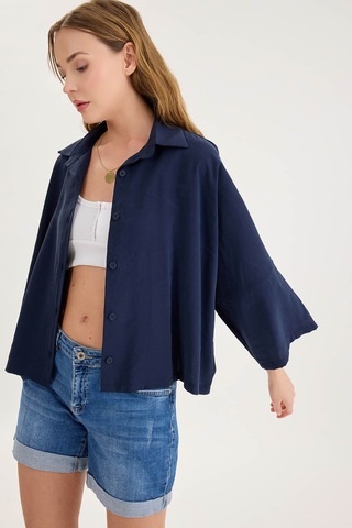 Vitrin Düşük Omuz Oversize Crop Gömlek Lacivert