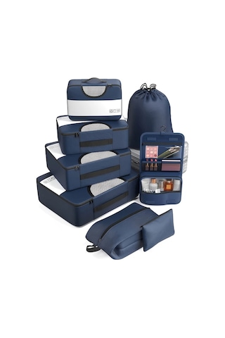 Fochsia 8 Parça Set Oxford Sıkıştırma Çantaları Seyahat Bagaj Aksesuarları Navy Blue Ahşap