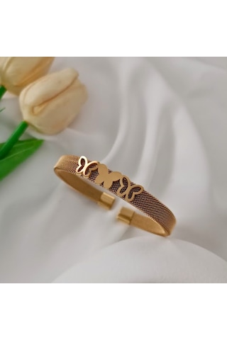 Lente Aksesuar Gold Renk Çelik Hasır Kelepçe Bilezik Üçlü Kelebek Figürlü Ayarlanabilir Model Altın - Çelik