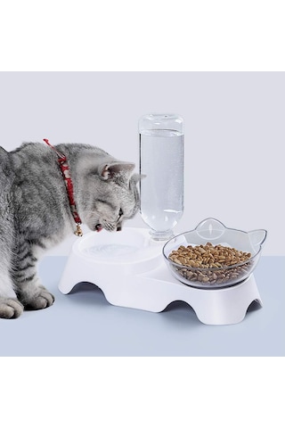Mrt Bilişim Çift Bölmeli Kedi Köpek Mama Kabı Kaseli Otomatik Su Şişe Hazneli
