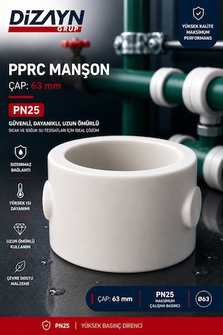 Dizayn Pprc Manşon 63 Mm 6 Adet Pn25 Temiz Su Tesisat Ek Parçası