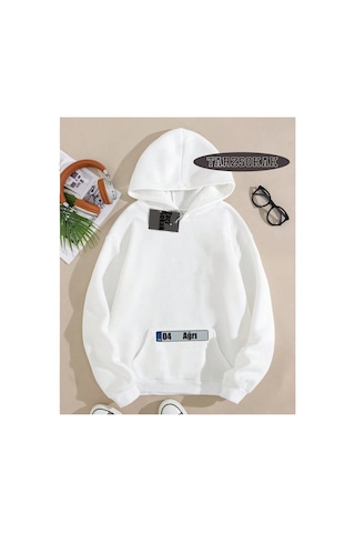 Tarzsokak Kapşonlu Sweatshirt Beyaz 04 Ağrı Özel Tasarım Plaka Detaylı