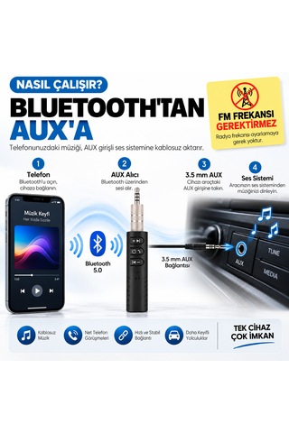 Bluetooth Aux Araç Kiti 5.0 3.5 Mm Adaptör Type-c Şarjlı Mikrofonlu
